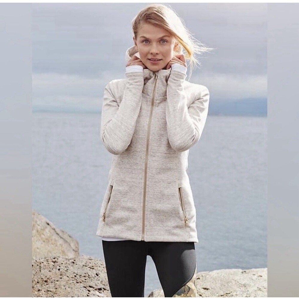 Athleta Womens Med Luxe Stronger Faux Fur Fleece Lined Biege Full Zip Up Hoodie